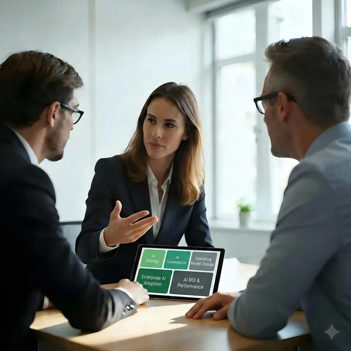 Enterprise AI strategy consulting session from ChiefAIOfficer.com with executives reviewing AI governance and operating model framework